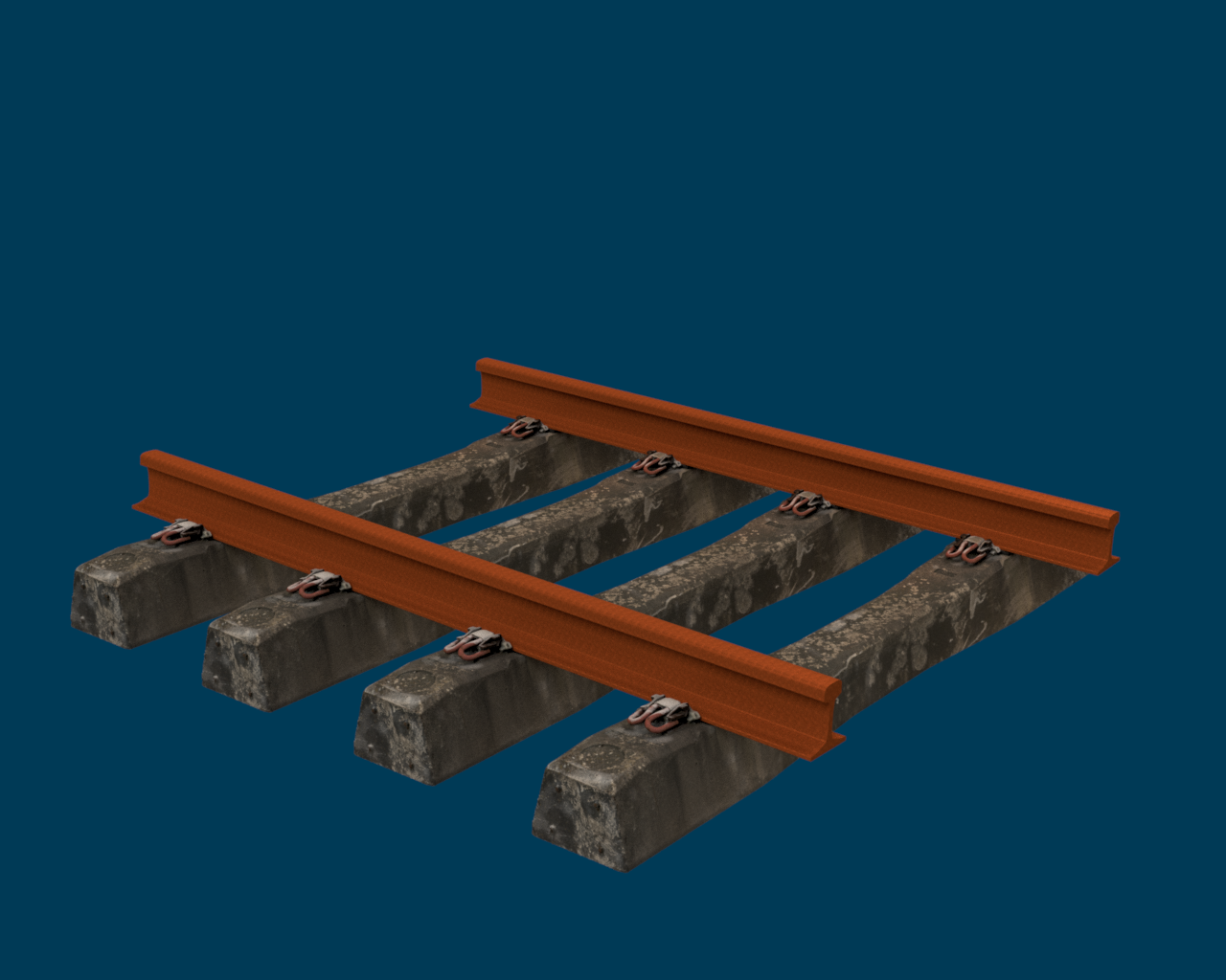 Rendu 3D réaliste — traverses béton et rails avec fixations FastClip